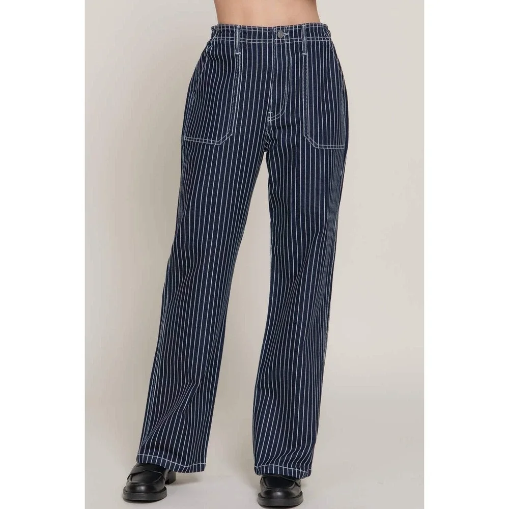 Pinstripe Cropped Denim two piece set Large Button Front Workwear